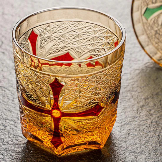 Edo Kiriko Hand-Carved Amber-Red Cross Whiskey Glass – An Intersection of Light and Legacy
