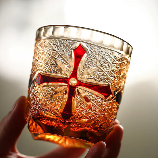 Edo Kiriko Hand-Carved Amber-Red Cross Whiskey Glass – An Intersection of Light and Legacy