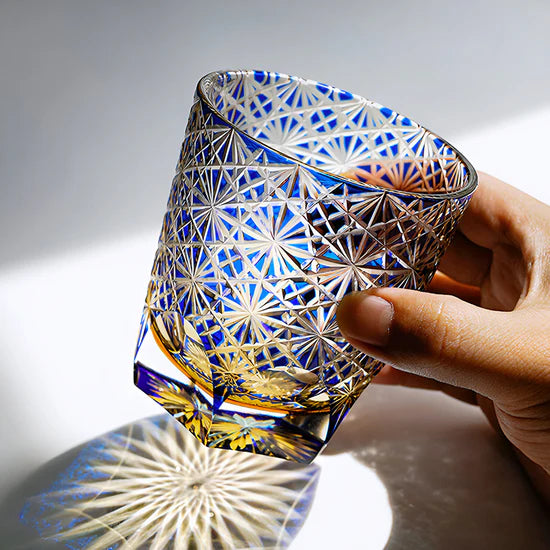 Edo Kiriko Hand-Carved Blue Daisy Whisky Glass – A Blossom of Serenity in Crystal