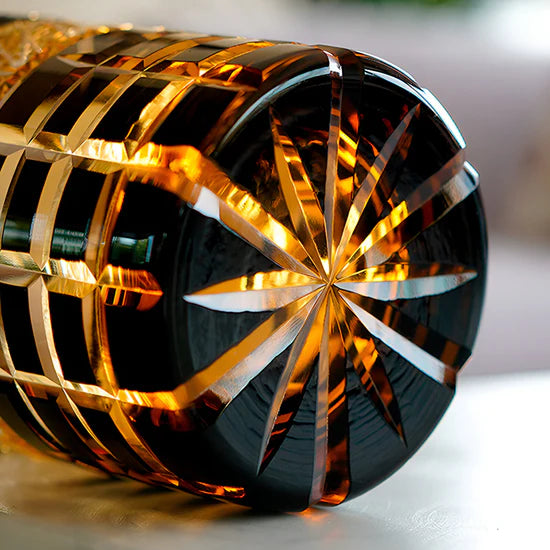 Edo Kiriko Hand-Carved Diamond Amber Grid Whiskey Glass – A Masterpiece of Light, Precision, and Heritage