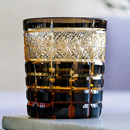 Edo Kiriko Hand-Carved Diamond Amber Grid Whiskey Glass – A Masterpiece of Light, Precision, and Heritage