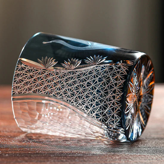 Edo Kiriko Hand-Carved Soaring Crane Whisky Glass – A Symbol of Grace in Flight