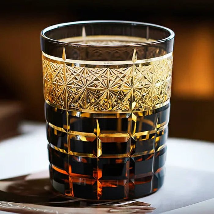 Edo Kiriko Diamond Amber Grid Whisky Glass – Hand-Carved Premium Crystal Glass | Opulent Geometry
