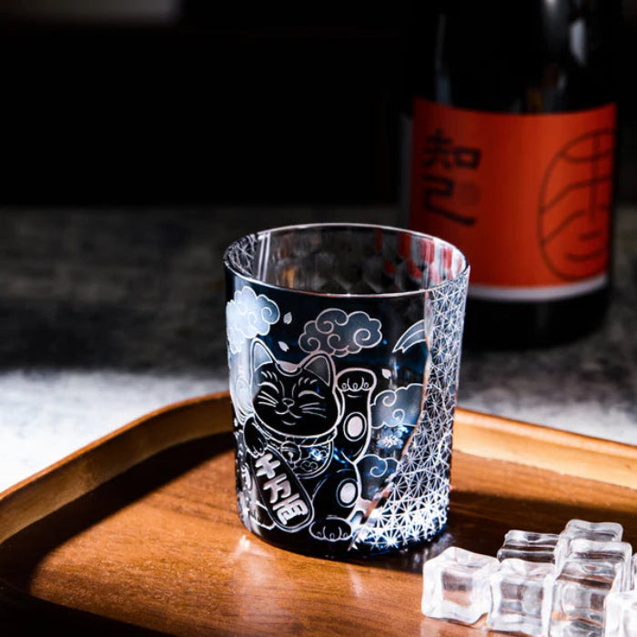 Edo Kiriko Aoi Maneki Neko Whisky Glass – Hand-Carved Premium Crystal Glass | Fortune in Blue