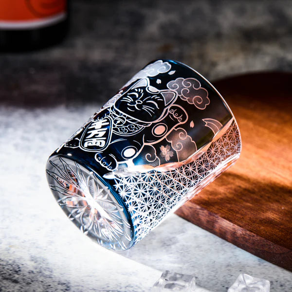 Edo Kiriko Aoi Maneki Neko Whisky Glass – Hand-Carved Premium Crystal Glass | Fortune in Blue