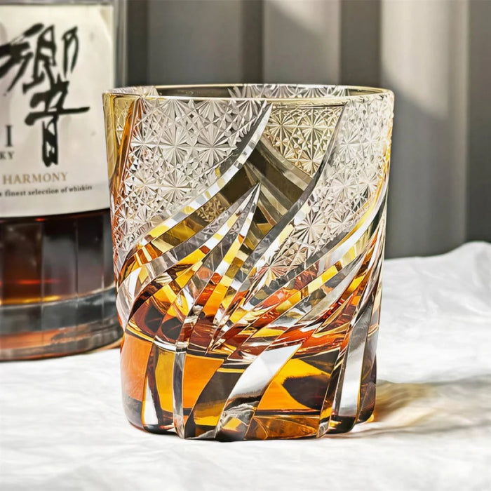 Edo Kiriko Emberlight Amber Whisky Glass – Hand-Carved Premium Crystal Glass | Warmth & Radiance