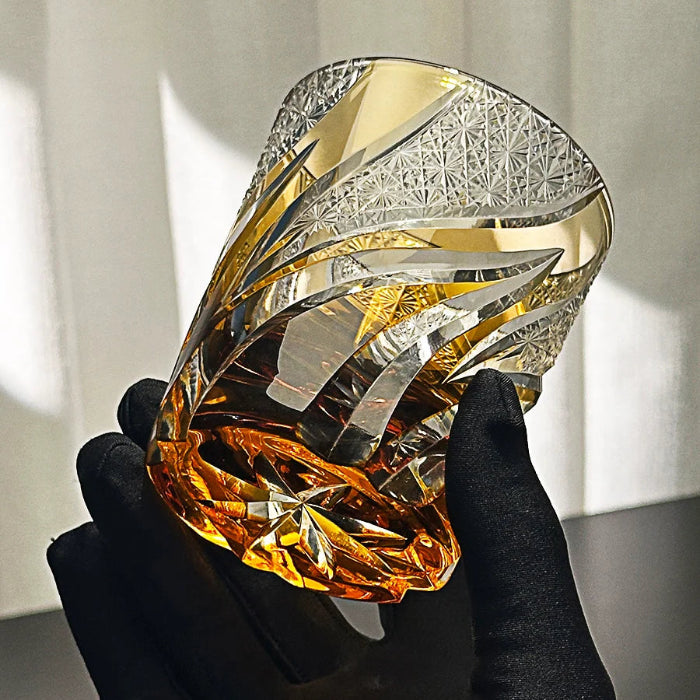 Edo Kiriko Emberlight Amber Whisky Glass – Hand-Carved Premium Crystal Glass | Warmth & Radiance