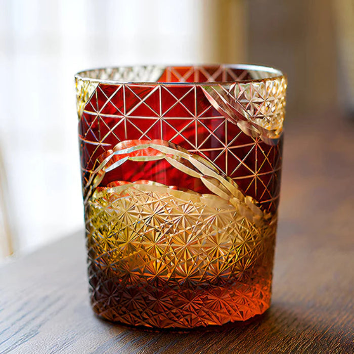 Edo Kiriko Hand-Carved Landscape Whiskey Glass – Nature’s Majesty Captured in Crystal