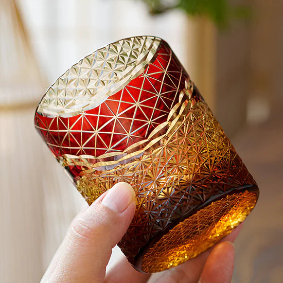 Edo Kiriko Hand-Carved Landscape Whiskey Glass – Nature’s Majesty Captured in Crystal