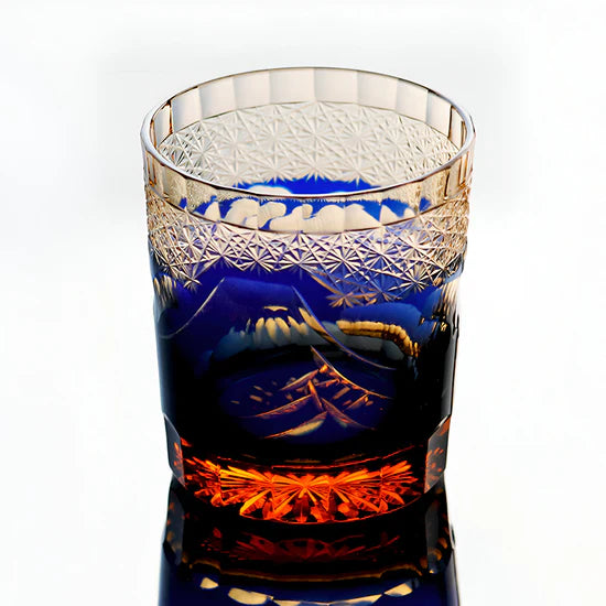 Edo Kiriko Hand-Carved Mount Fuji Whiskey Glass – A Mountain’s Majesty in Blue Crystal