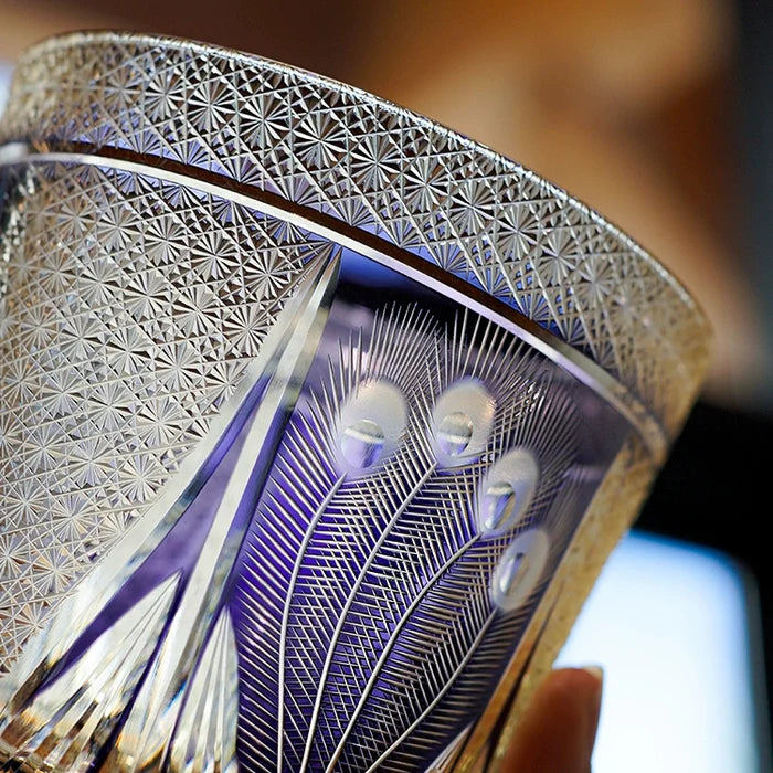 Edo Kiriko Hand-Carved Violet Peacock Whiskey Glass – A Royal Bloom in Crystal