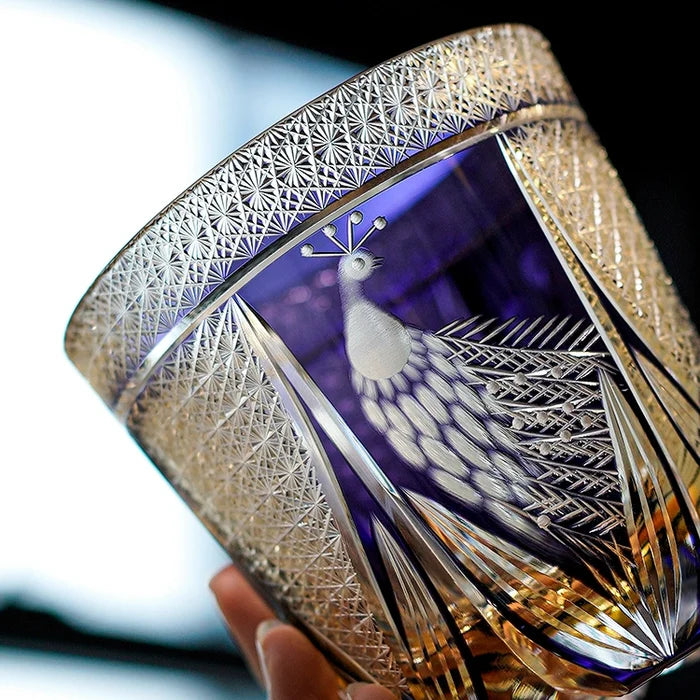 Edo Kiriko Hand-Carved Violet Peacock Whiskey Glass – A Royal Bloom in Crystal