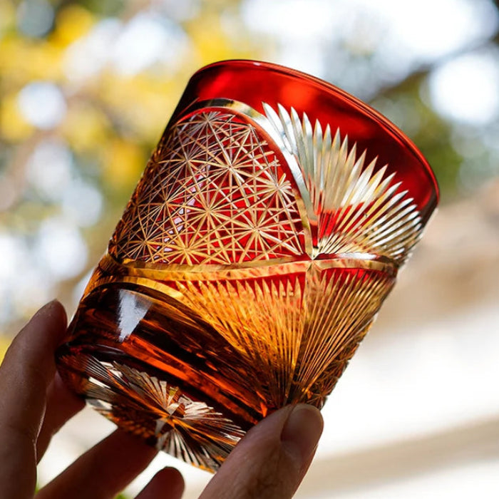 Edo Kiriko Red Crane Feather Whisky Glass – Hand-Carved Premium Crystal Glass | Sunset Wings