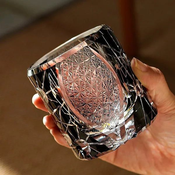 Edo Kiriko Night Jewel Whisky Glass – Black – Hand-Carved Premium Crystal Glass | Starlit Midnight