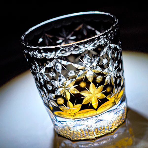 Edo Kiriko Sakura Snow Whisky Glass – Black – Hand-Carved Premium Crystal Glass | Midnight Bloom