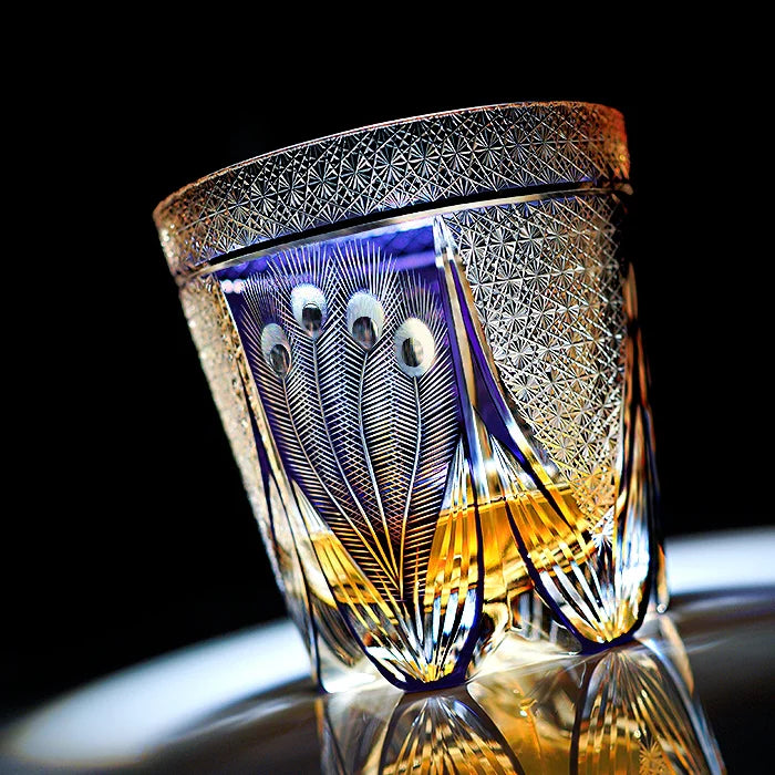 Edo Kiriko Hand-Carved Violet Peacock Whiskey Glass – A Royal Bloom in Crystal