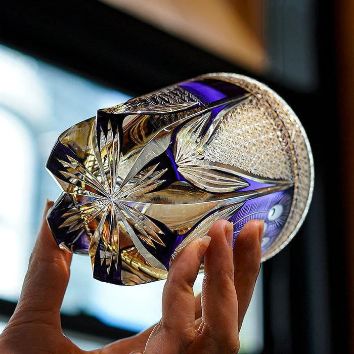 Edo Kiriko Hand-Carved Violet Peacock Whiskey Glass – A Royal Bloom in Crystal
