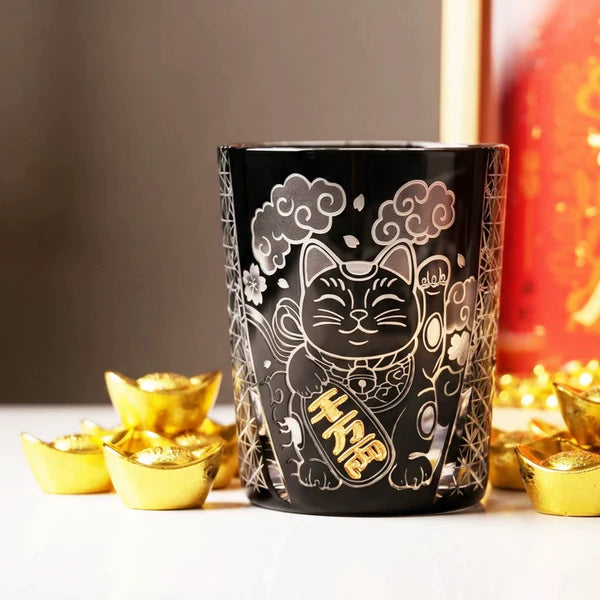 Edo Kiriko Kuro Kin Maneki Neko Whisky Glass – Hand-Carved Premium Crystal Glass | Gold & Midnight