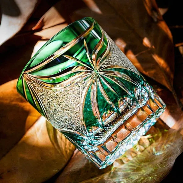 Edo Kiriko Lepidoptera Whisky Glass – Hand-Carved Premium Crystal Glass | Emerald Wings