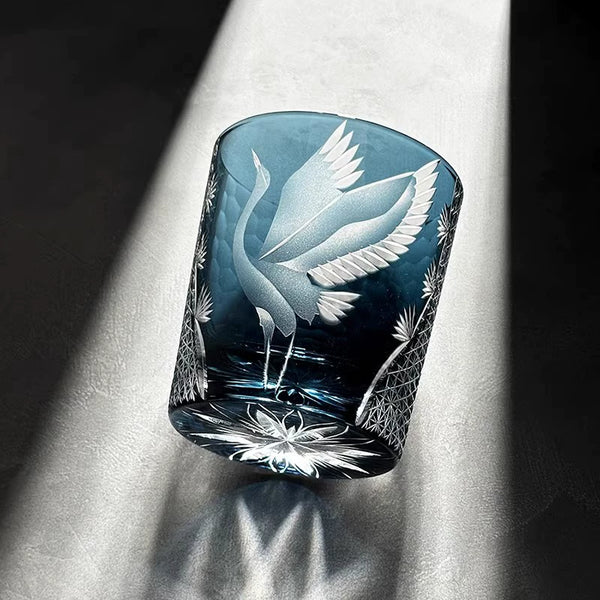 Edo Kiriko Hand-Carved Soaring Crane Whisky Glass – A Symbol of Grace in Flight