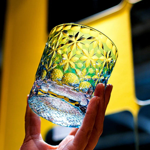 Edo Kiriko Sakura Snow Whisky Glass – Turquoise – Hand-Carved Premium Crystal Glass | Forest Bloom