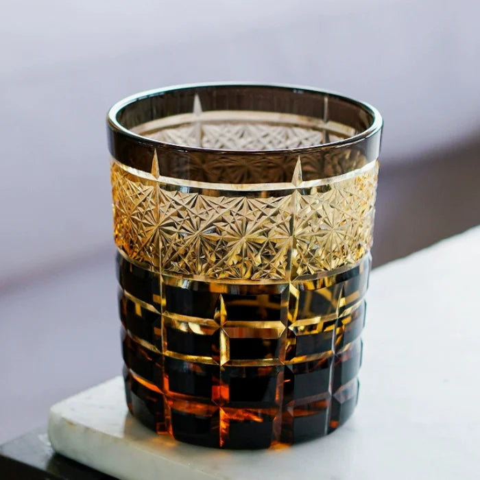 Edo Kiriko Hand-Carved Diamond Amber Grid Whiskey Glass – A Masterpiece of Light, Precision, and Heritage
