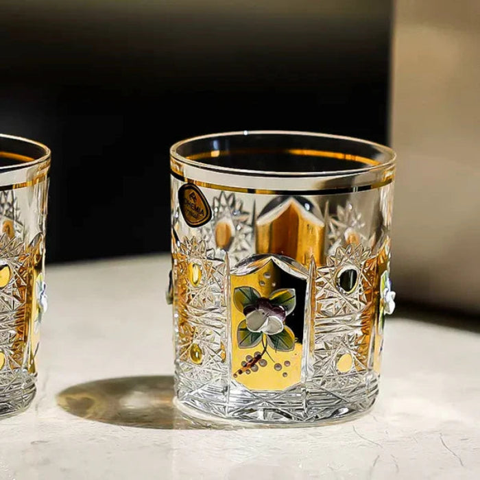 Bohemia Enchanted Blossom Whisky Glass – Hand-Cut Czech Crystal | Gold Enamel
