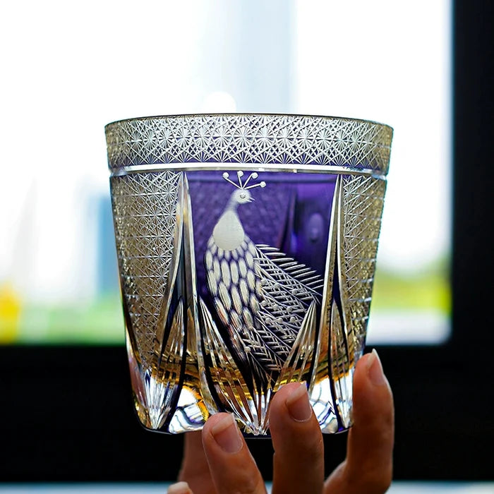 Edo Kiriko Hand-Carved Violet Peacock Whiskey Glass – A Royal Bloom in Crystal