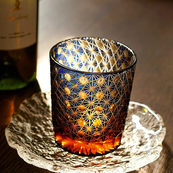Edo Kiriko Amber Star Chrysanthemum Whisky Glass – Hand-Carved Premium Crystal Glass | Twilight Radiance