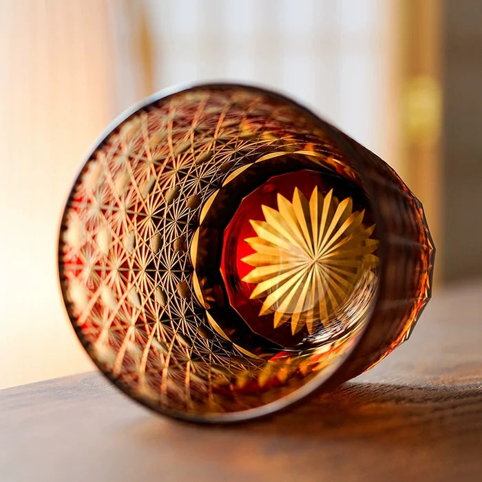 Edo Kiriko Hand-Carved Amber Star Chrysanthemum Whiskey Glass – Sunset Petals in Crystal Bloom