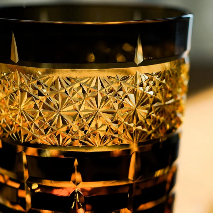 Edo Kiriko Hand-Carved Diamond Amber Grid Whiskey Glass – A Masterpiece of Light, Precision, and Heritage