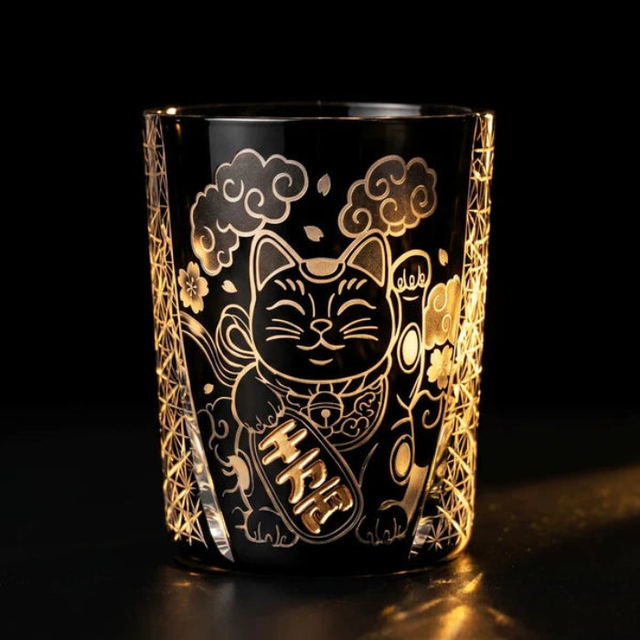 Edo Kiriko Kuro Kin Maneki Neko Whisky Glass – Hand-Carved Premium Crystal Glass | Gold & Midnight