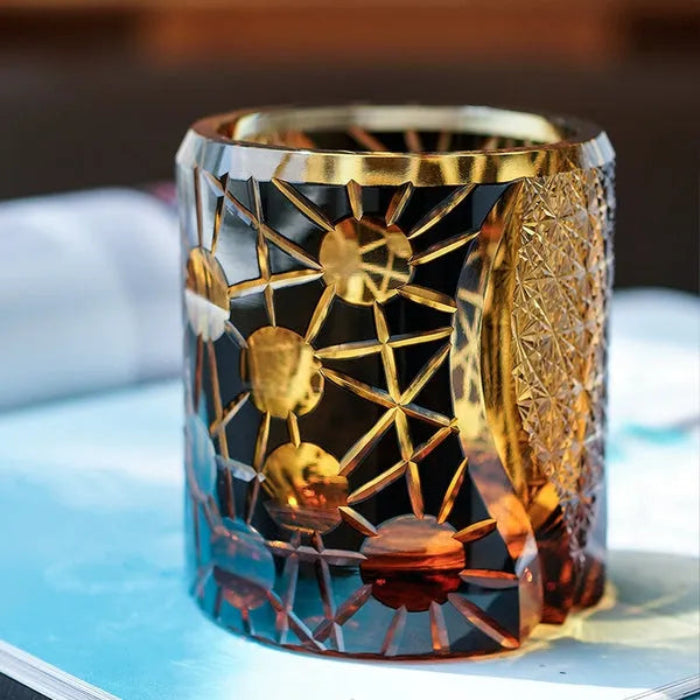 Edo Kiriko Night Jewel Whisky Glass – Amber – Hand-Carved Premium Crystal Glass | Starlit Amber