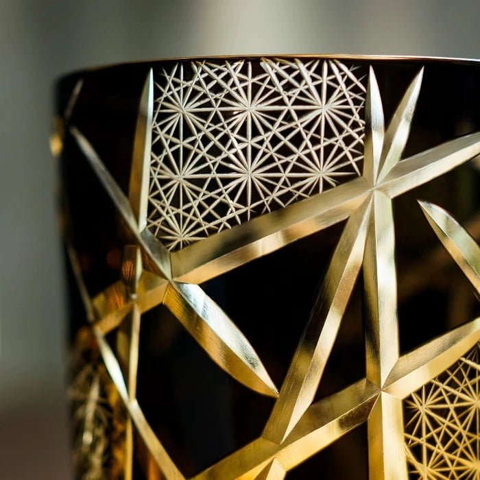 Edo Kiriko Hand-Carved Amber Lightning Pattern Whiskey Glass — A Strike of Power, Craft, and Elegance