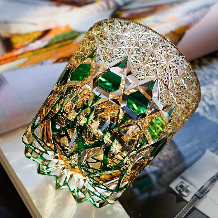 Edo Kiriko Hand-Carved Emerald Fluorite Whiskey Glass – A Verdant Glimmer of Radiance