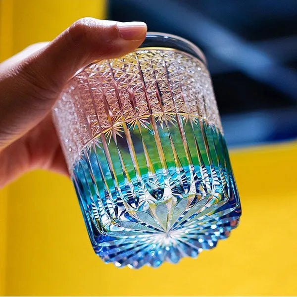 Edo Kiriko Stellar Nexus Whisky Glass – Sky Blue – Hand-Carved Premium Crystal Glass | Celestial Serenity