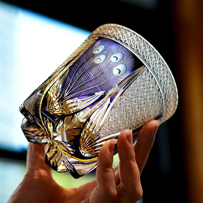 Edo Kiriko Hand-Carved Violet Peacock Whiskey Glass – A Royal Bloom in Crystal