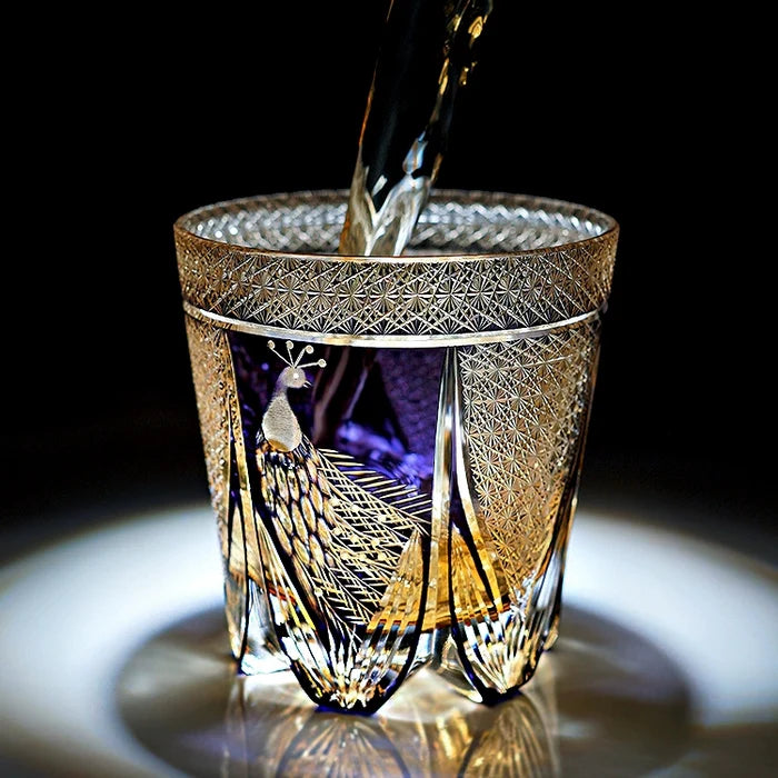 Edo Kiriko Hand-Carved Violet Peacock Whiskey Glass – A Royal Bloom in Crystal