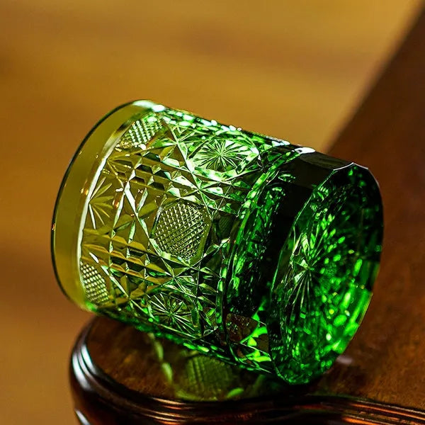 Edo Kiriko Octagonal Chrysanthemum Whisky Glass – Hand-Carved Lead-Free Premium Crystal | Emerald Fortune