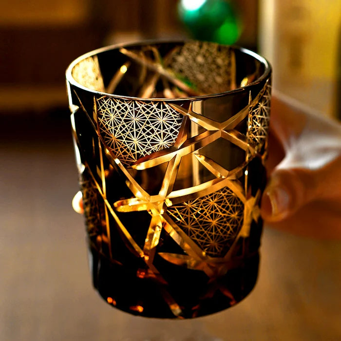 Edo Kiriko Hand-Carved Amber Lightning Pattern Whiskey Glass — A Strike of Power, Craft, and Elegance