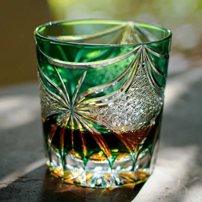 Edo Kiriko Lepidoptera Whisky Glass – Hand-Carved Premium Crystal Glass | Emerald Wings