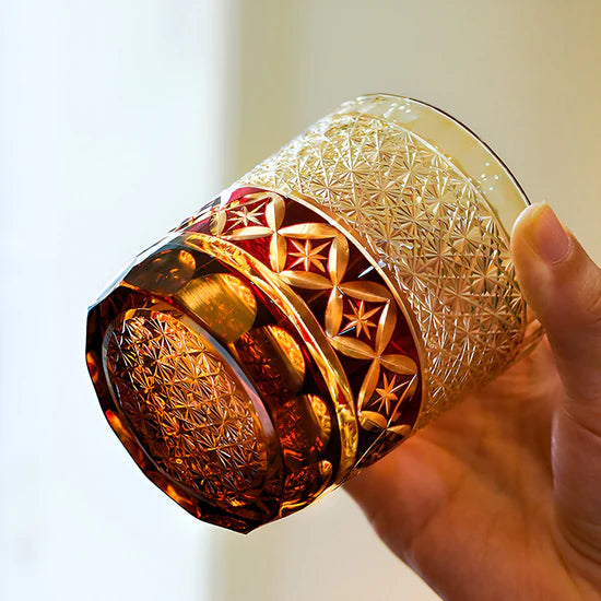 Edo Kiriko Hand-Carved Shippou Amber Whiskey Glass – Radiance in Amber, Elegance in Tradition