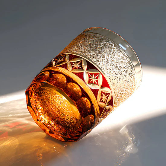 Edo Kiriko Hand-Carved Shippou Amber Whiskey Glass – Radiance in Amber, Elegance in Tradition