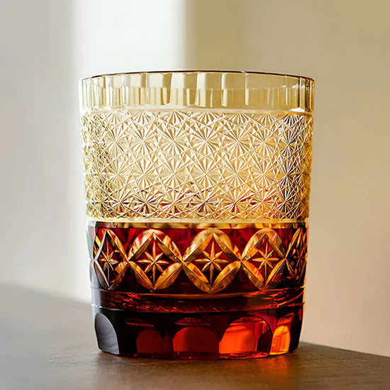 Edo Kiriko Hand-Carved Shippou Amber Whiskey Glass – Radiance in Amber, Elegance in Tradition