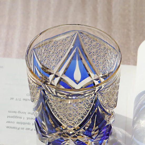 Edo Kiriko Twisted Blue Whisky Glass – Hand-Carved Premium Crystal Glass | Sapphire Motion