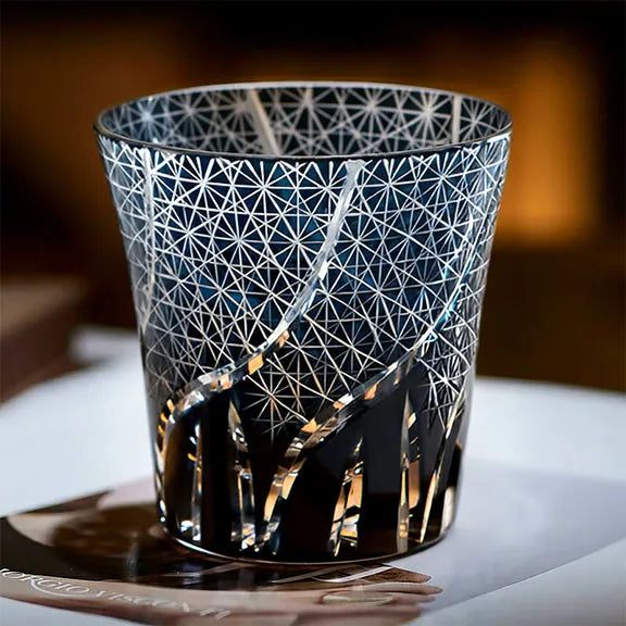 Edo Kiriko Ink & Flame Whisky Glass – Hand-Carved Premium Crystal Glass | Midnight Fire