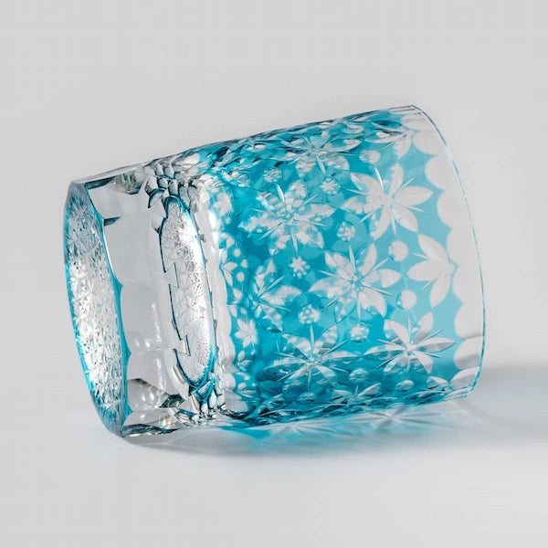 Edo Kiriko Sakura Snow Whisky Glass – Aqua – Hand-Carved Premium Crystal Glass | Spring Clarity