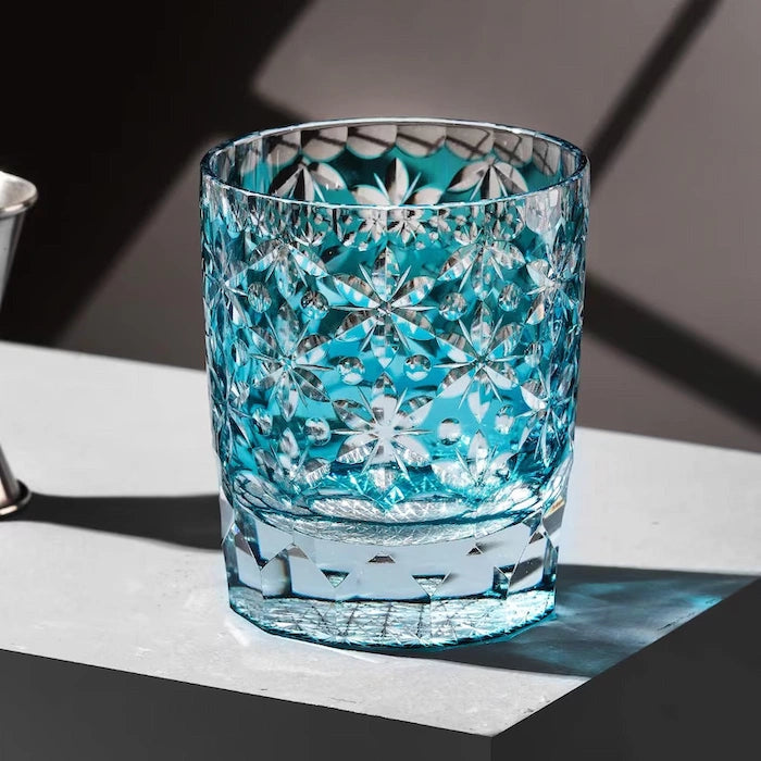 Edo Kiriko Sakura Snow Whisky Glass – Aqua – Hand-Carved Premium Crystal Glass | Spring Clarity