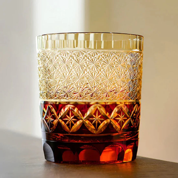 Edo Kiriko Hand-Carved Shippou Amber Whiskey Glass – Radiance in Amber, Elegance in Tradition