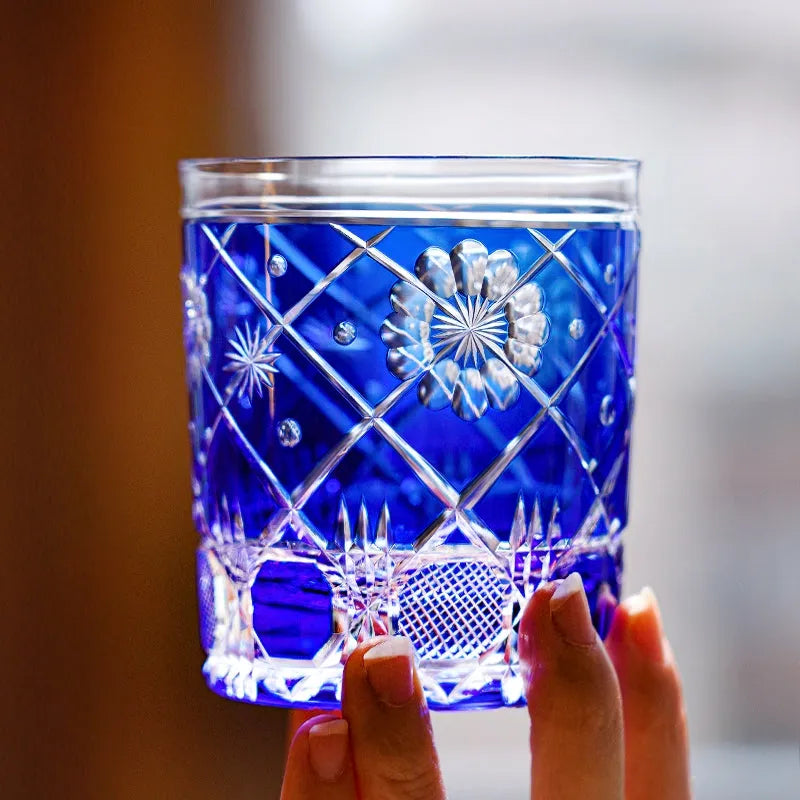 Edo Kiriko Royal Blue Kohana Blossom Whisky Glass – Hand-Carved Premium Crystal Glass | Sapphire Garden
